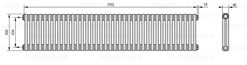 Схема (чертеж) Радиатор Zehnder Charleston 2050/37 №1270 Белый глянцевый RAL 9016